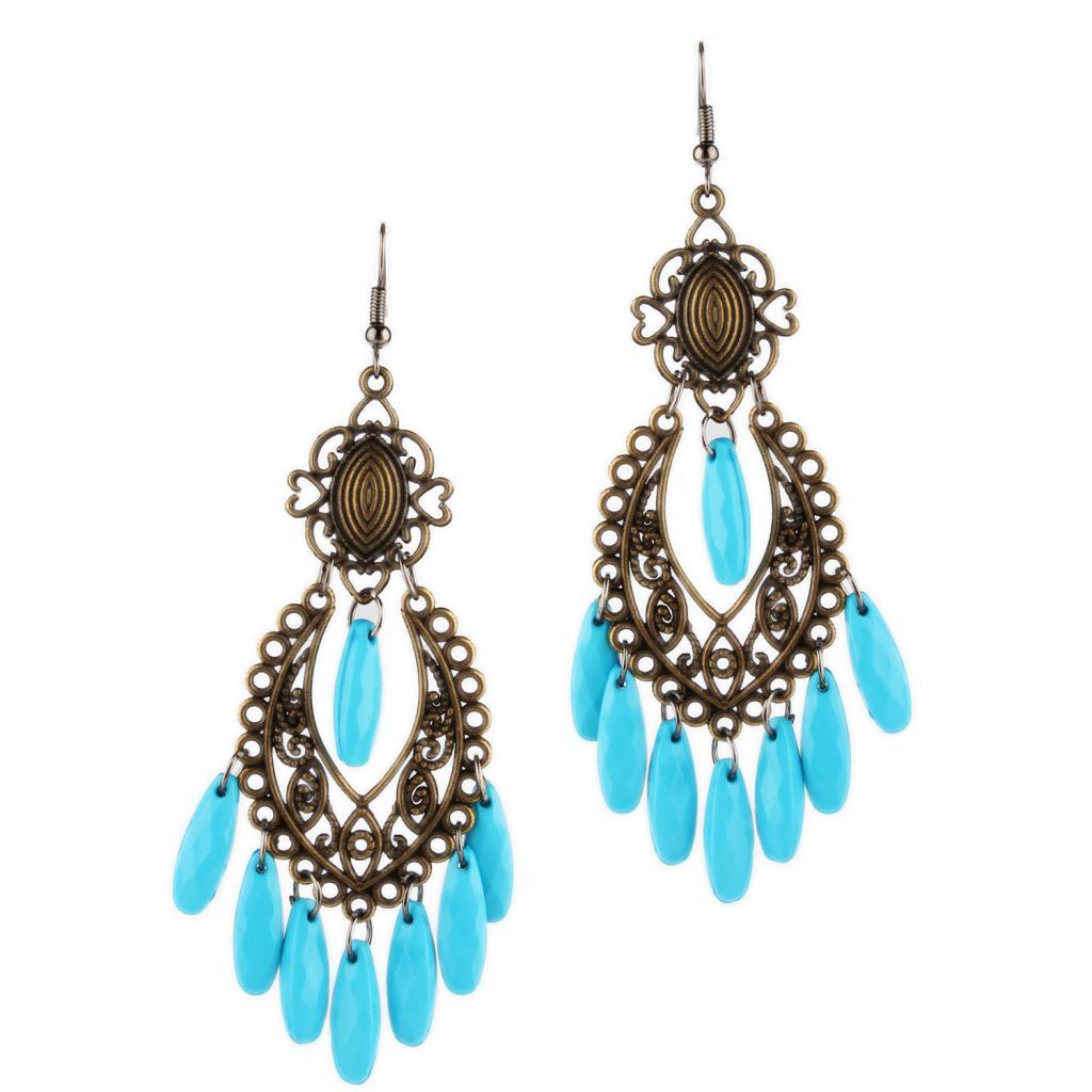 Women Behomia Hollow Flower Alloy Hook Style Earringd Ethnic Odd Beads Dangle Long Tassel Fringe Earrings