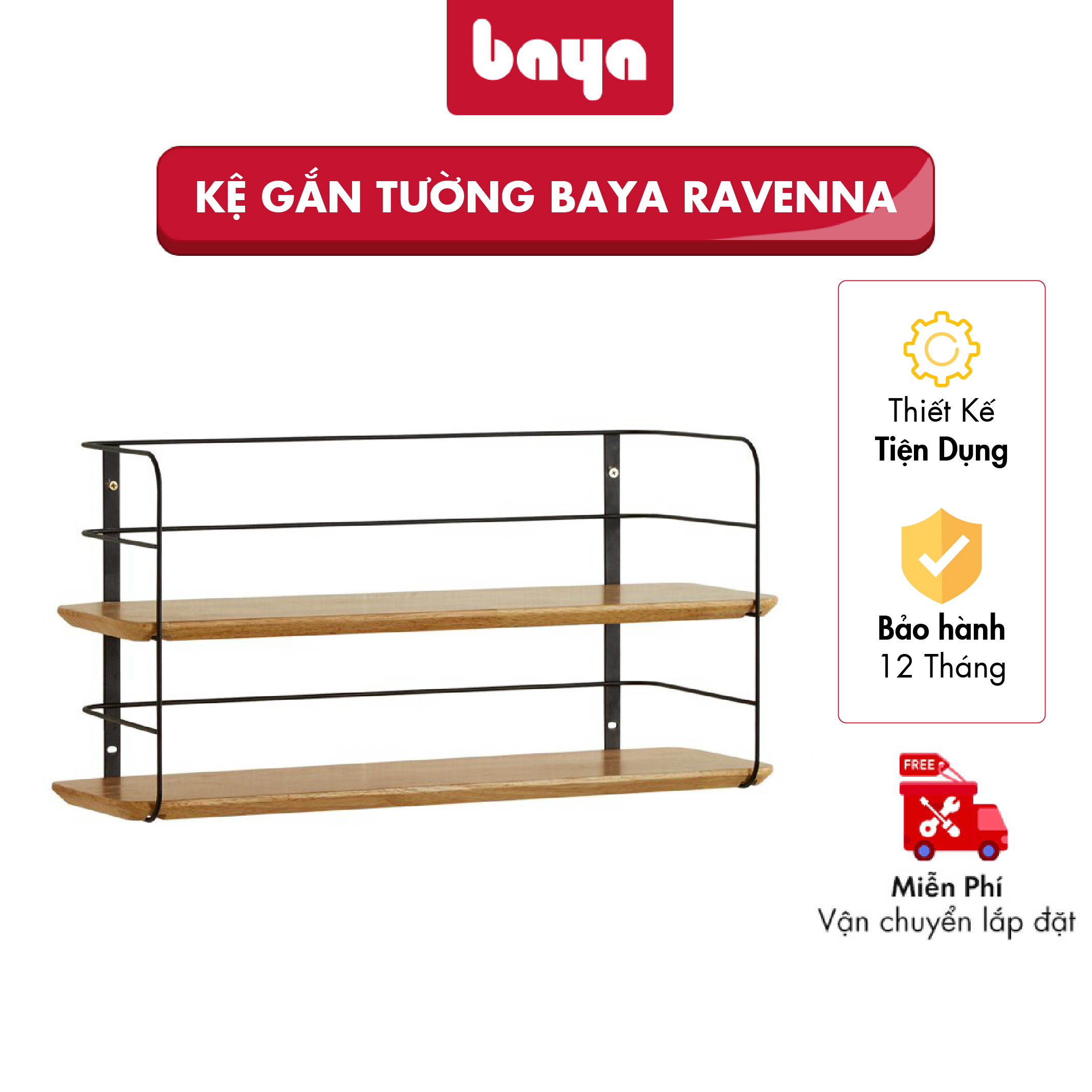 Kệ Gắn Tường Thông Minh BAYA RAVENNA Với 2 Tấm Giá Đỡ Có Thể Tháo Rời, Chất Liệu Gỗ Cao Su Và Khung Kệ Bằng Kim Loại 5229