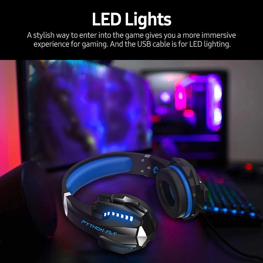 Tai nghe gaming chụp tai PYTHON FLY chống ồn âm thanh stereo cho PS4, PC, Xbox One, PS5, kèm mic đàm thoại, đèn LED, âm bass, vành chụp tai mút mềm cho Laptop Mac-Xanh-Hàng chính hãng