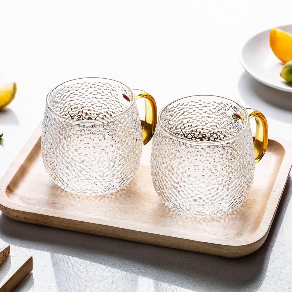 Ly thủy tinh sần chịu nhiệt 400ml quai vàng