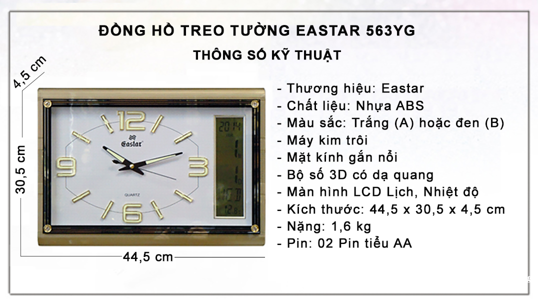 Đồng hồ Eastar Chữ nhật Dạ Quang , Kim Trôi & Màn hình Điện tử Lịch, Nhiệt Độ