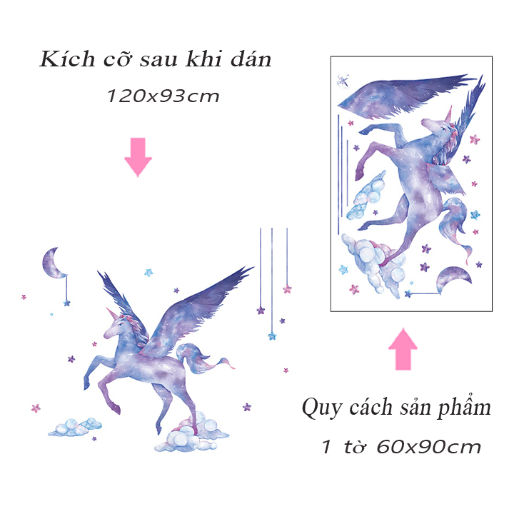 Decal trang trí chất liệu PVC loại 1 dày dặn, sắc nét, trang trí phòng cho bé, lớp mần non- Ngựa thần- mã sp QR9505