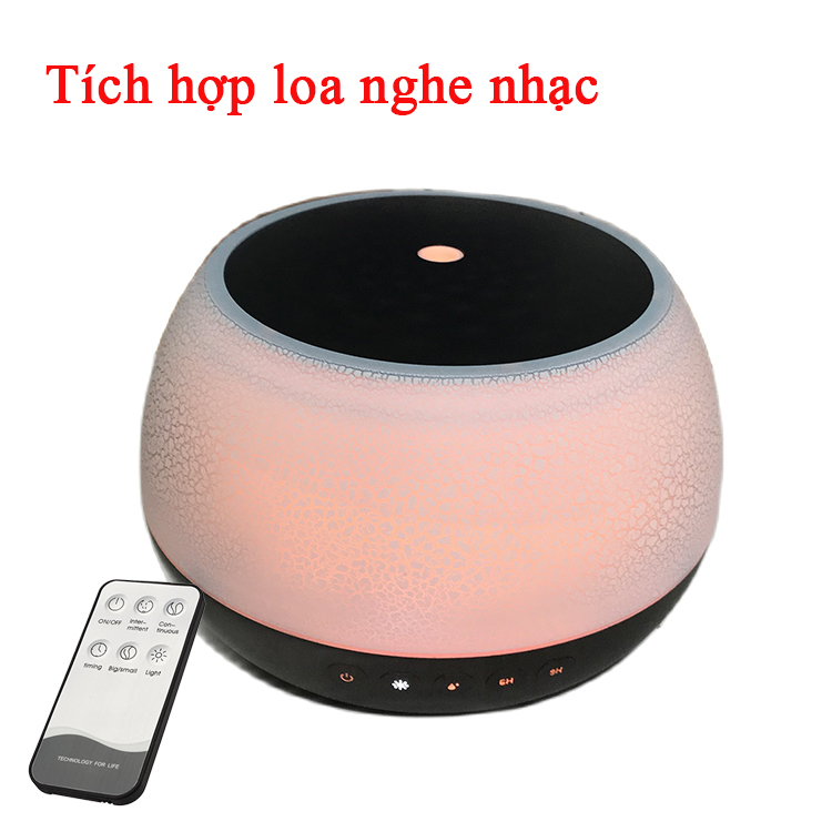 Máy xông tinh dầu Vdecor tích hợp Loa BLUETOOTH nghe nhạc, Dung tích 1000ml, nắp rạn kèm led đổi 7 màu làm đèn ngủ, làm quà tặng