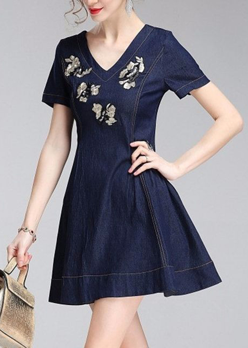 Đầm Jean Nữ Ngắn Tay Hoa Thêu