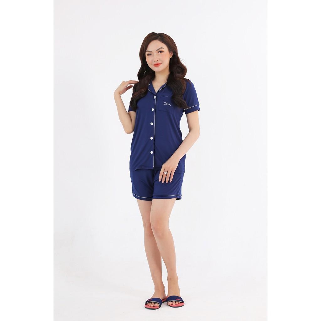 Pyjama nữ cộc tay vải bamboo tự cao cấp Chou's - màu xanh navy