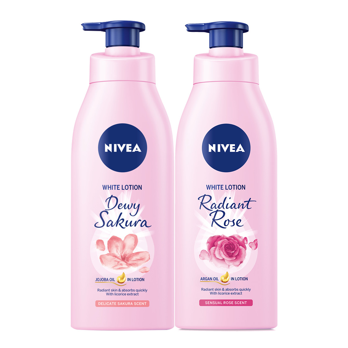 Bộ đôi dưỡng thể Hương hoa Sữa Dưỡng Thể Dưỡng Trắng NIVEA Hương Anh Đào Dewy Sakura (350ml) - 85703 &amp; Sữa Dưỡng Thể Dưỡng Trắng NIVEA Hương Hoa Hồng Radiant Rose (350ml) - 85707