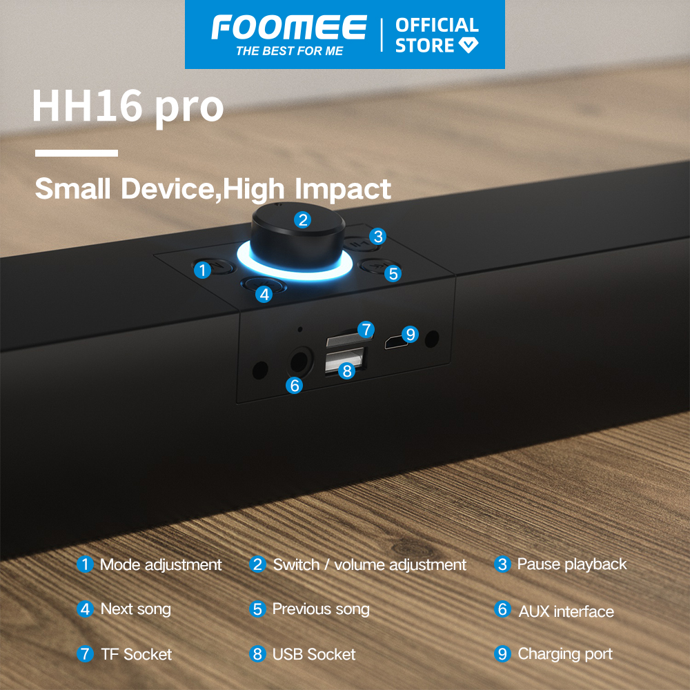 Loa Bluetooth Mini  Pin 1200mAh FOOMEE HH16 pro - Tích Hợp Đèn Led Nháy Loa Kép Và Kết Nối Cuộc Gọi - Màu Đen - Hàng Chính Hãng