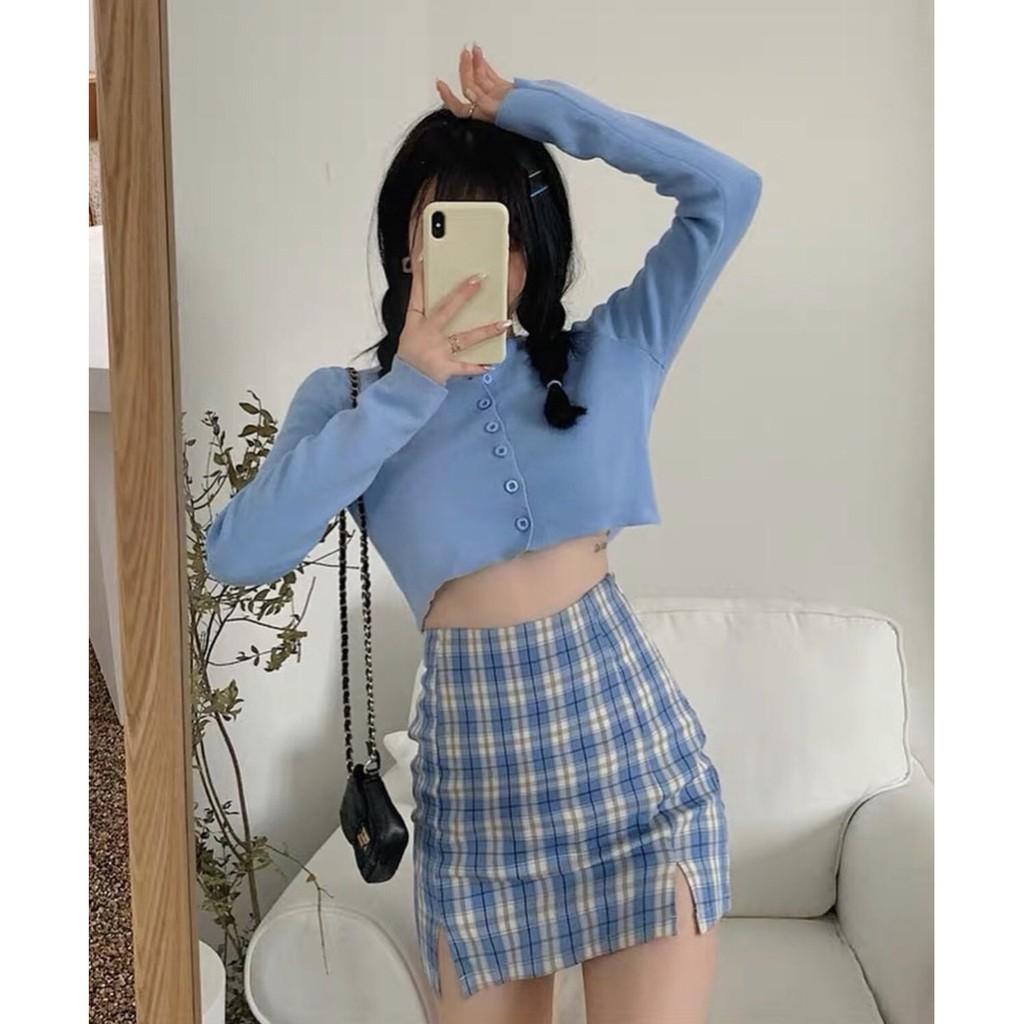 ÁO CROPTOP BORIP TAY DÀI GÀI NÚT CỔ TIM ÔM BODY CO GIÃN - ÁO THUN CRT TRƠN BASIC ULZZANG CÁ TÍNH BLUE TÍM 31