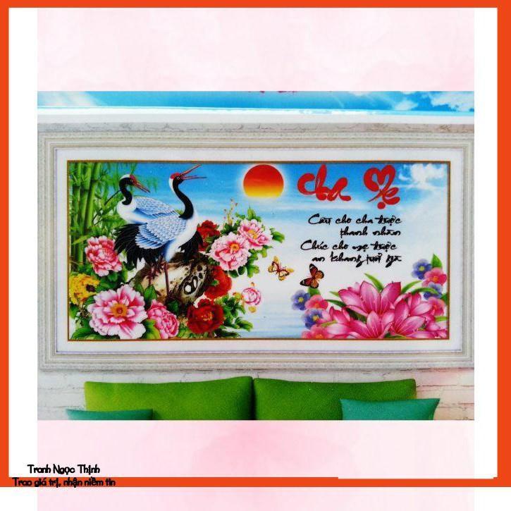 Rẻ vô địch-Tranh đính đá cao cấp Cha mẹ Hạc Mẫu Đơn Sen Trúc- KT: 58cmx46cm