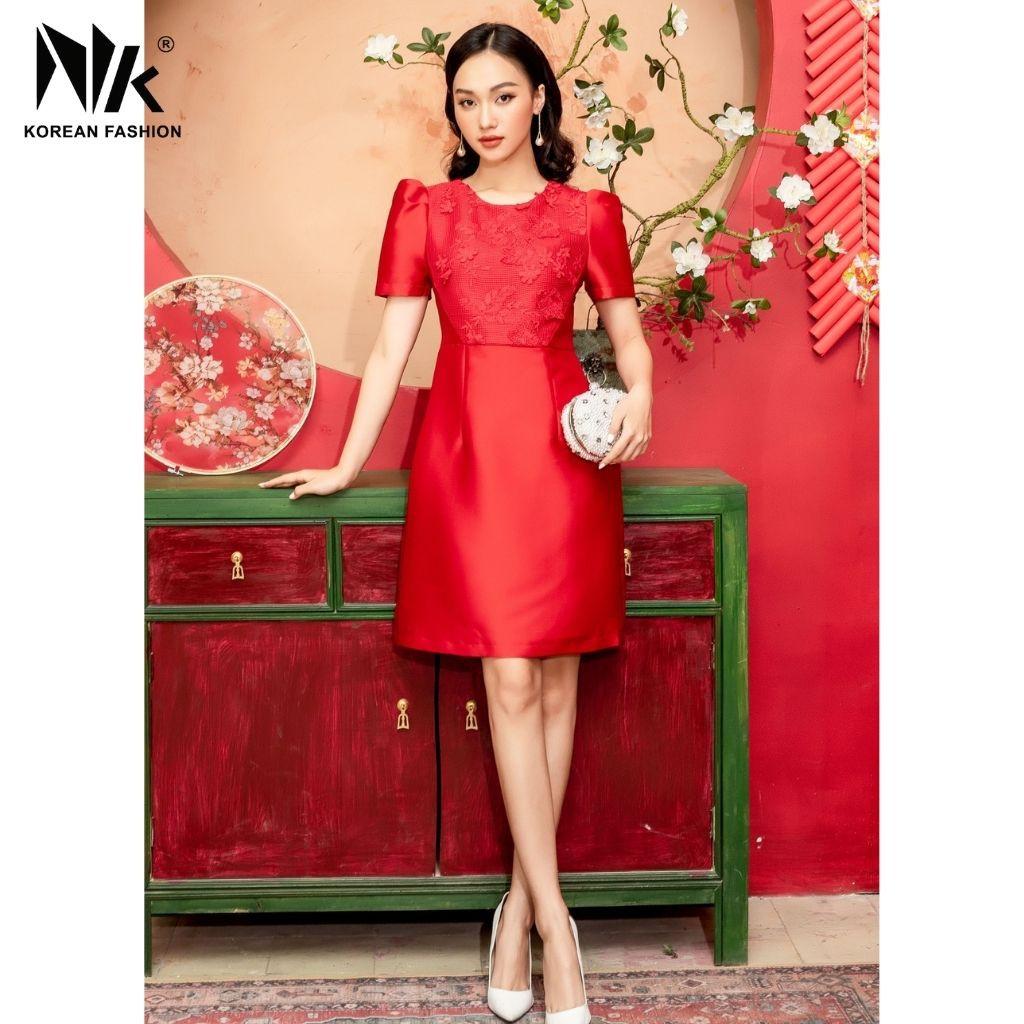 Váy Thiết Kế Nữ Dáng Chữ A NK FASHION Cổ Tròn Tay Bồng Phối Ren, Vải Gấm Cao Cấp NKDV2012028