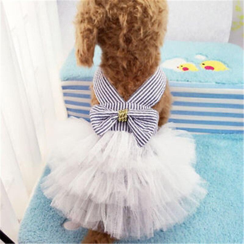 New Puppy Tutu Dress Bowknot Net Gauze Stripe Print Princess Apparel Clothes for Dog and Cat Dog Dresses