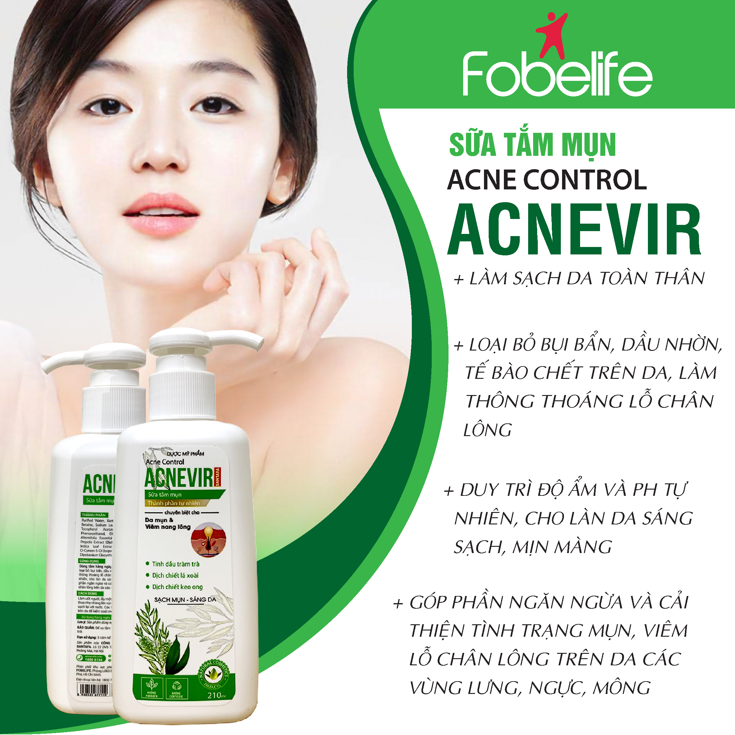 {Combo} : 1 Sữa tắm chuyên biệt cho mụn lưng &amp; bệnh viêm nang lông Acnevir TẶNG 1 dải tắm- Chai 210ml