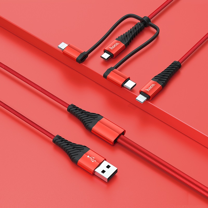 Cáp sạc nhanh và truyền dữ liệu tốc độ cao Hoco X38 đa năng 4 đầu 2 x Lightning, Micro-USB, Type-C - Hàng chính hãng