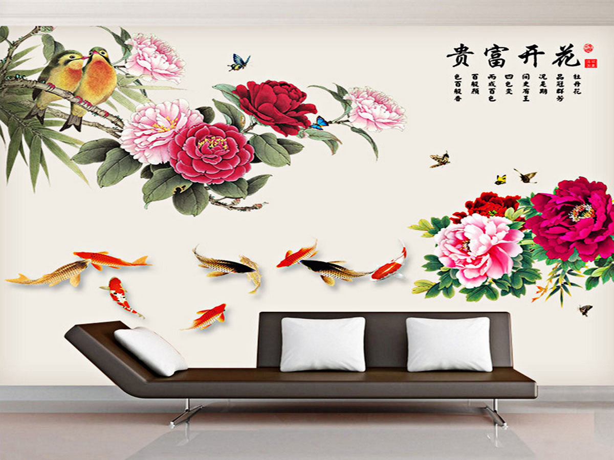 decal dán tường hoa mẫu đơn đỏ chim cá bông to 2 mảnh gs9014