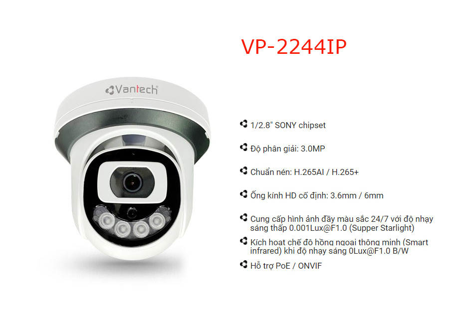 Vantech Camera 3.0MP Supper Starlight Dome VP-2244IP-Hàng chính hãng