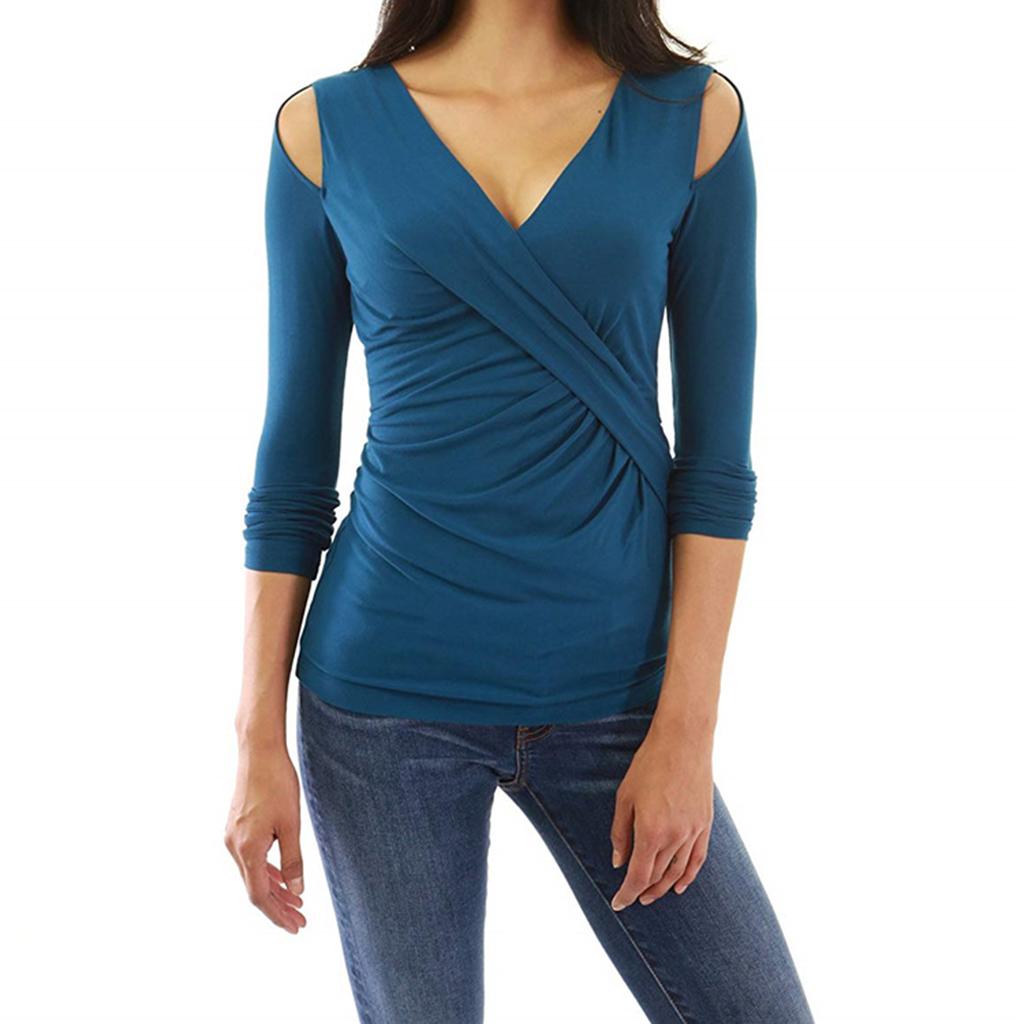 Ladies Sexy Deep V Neck Long Sleeves Wrap Top Stretchy Blouse Cold Shoulder