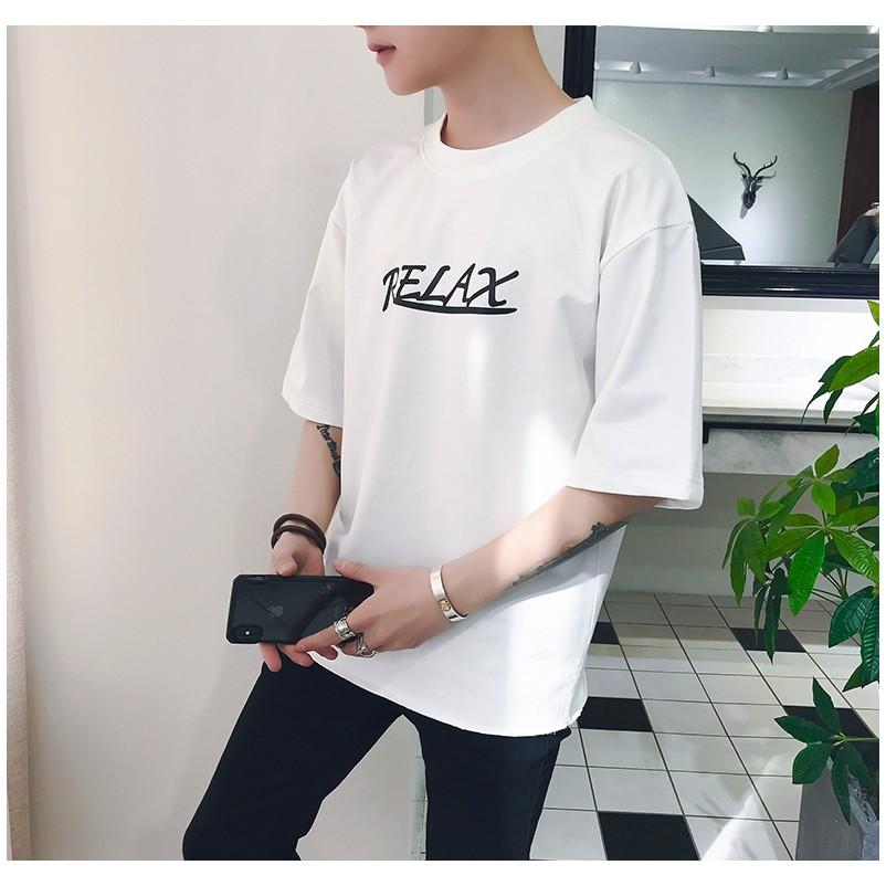 Hình ảnh Áo Thun Nam nữ form rộng tay lỡ màu trắng,Áo Thun Tay Lỡ Form Rộng Unisex Nam Nữ in chữ RELAX chất cotton siêu mịn,Jins Store