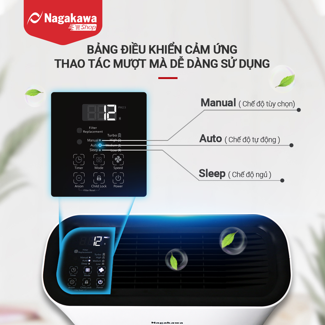 Máy Lọc Không Khí Cảm Biến, Tạo Ion Cho Diện Tích 50m2 Nagakawa NAG3502M - Hàng Chính Hãng