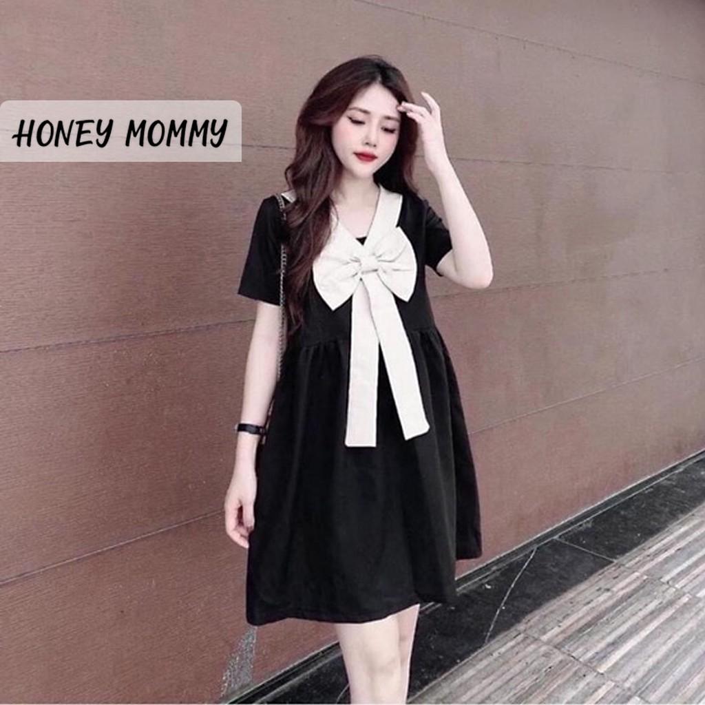 Váy Bầu Babydoll Nơ Ngực Váy Bầu Hè Ngắn Tay Công Sở Đi Chơi HD2616 Honey Mommy Đầm Bầu Mùa Hè Đi Làm Đi Tiệc