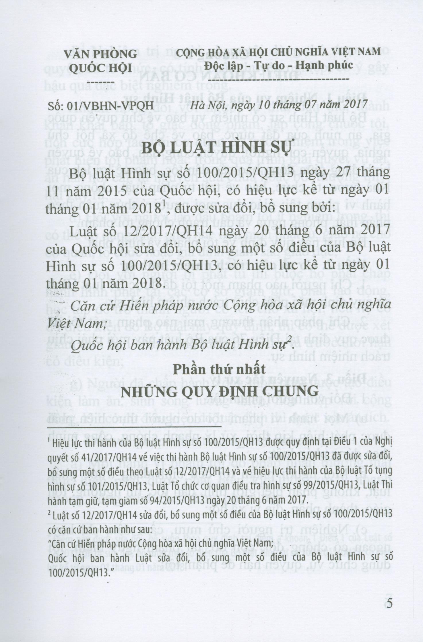 Bộ Luật Hình Sự Năm 2015 Sửa Đổi, Bổ Sung Năm 2017