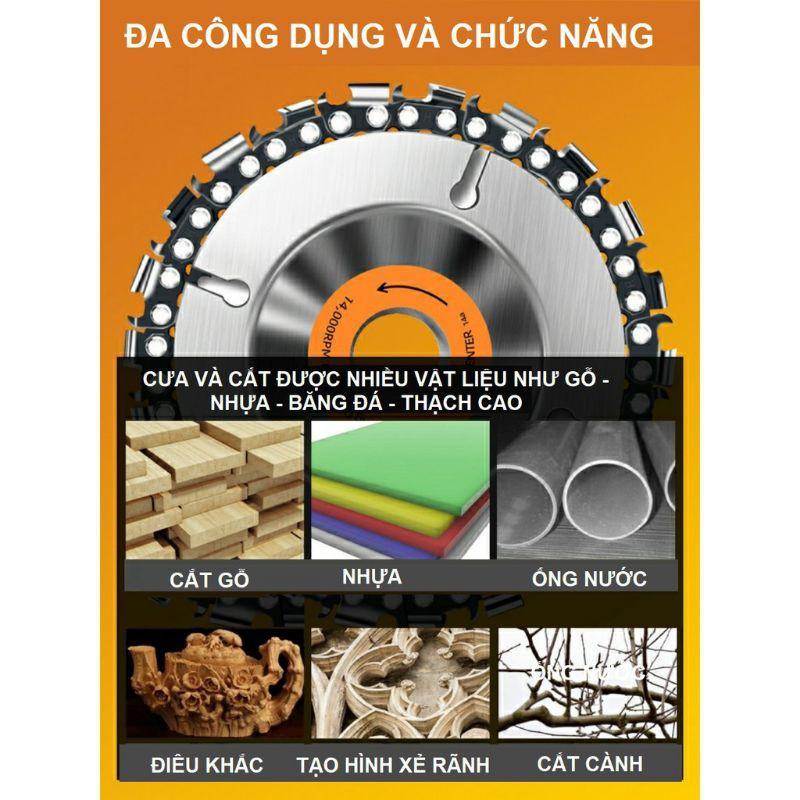 Đĩa cưa xích tròn gắn máy mài cắt cầm tay dùng để cắt, cưa, xẻ rãnh điêu khắc gỗ, nhựa, thạch cao, băng đá