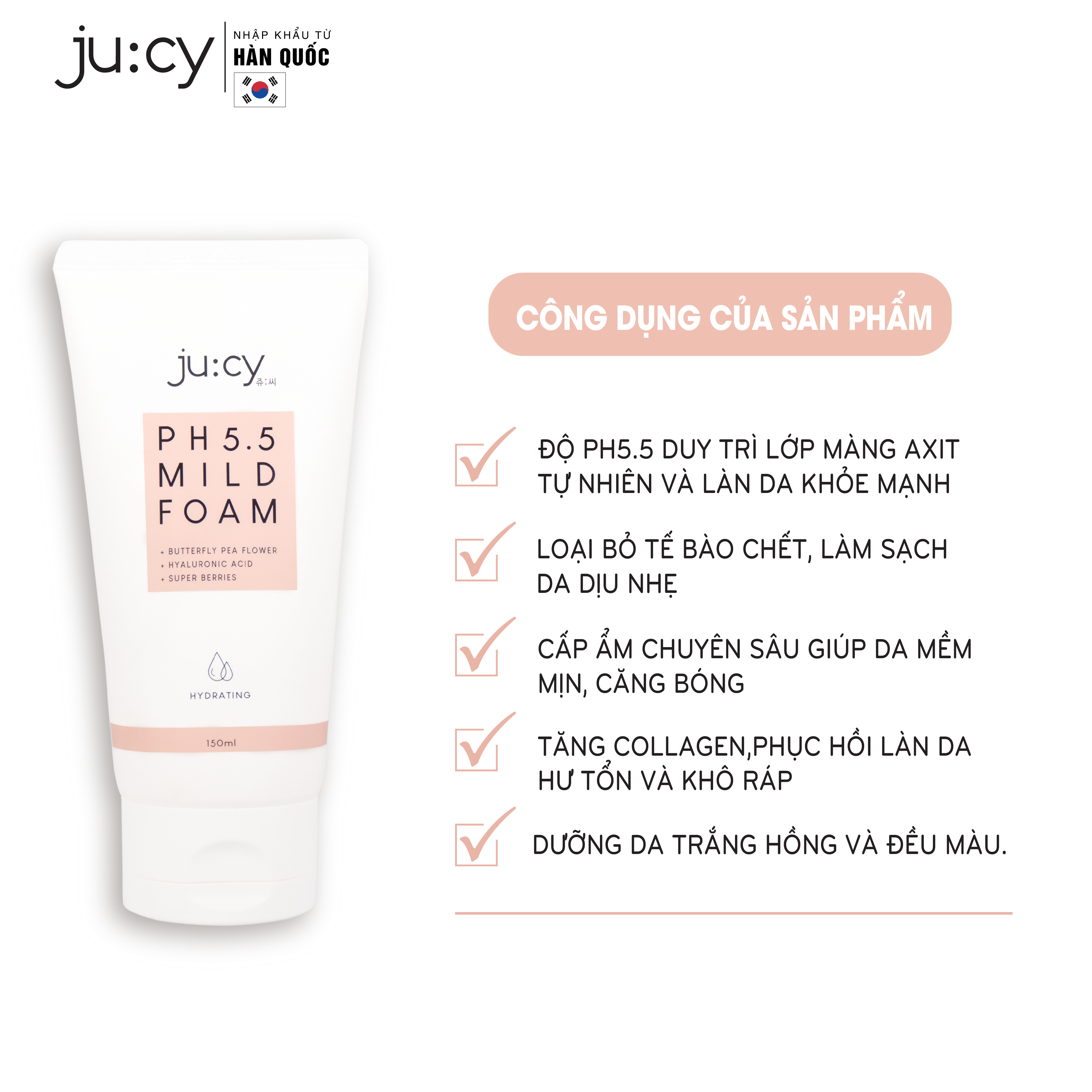 Sữa rửa mặt cấp ẩm và dưỡng trắng chuyên sâu Hàn Quốc JU:CY PH5.5 MILD FOAM 150ml