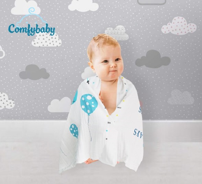 Khăn Tắm Em Bé Cao Cấp Comfybaby, Khăn Cotton Siêu Mềm (60x120Cm) Tặng Khẩu Trang - Màu Ngẫu Nhiên