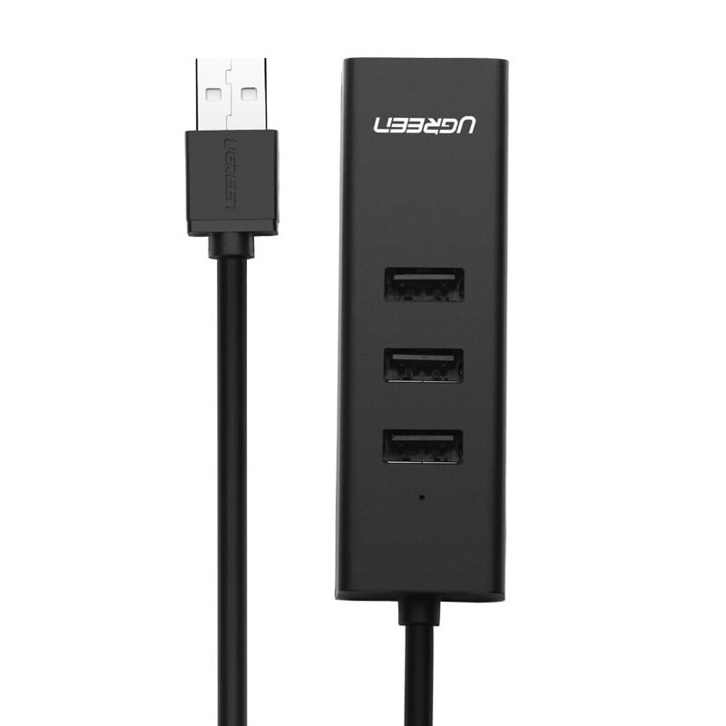 Cáp chuyển đổi USB 2.0 Sang 1*Lan RJ45 hổ trợ 100Mbps, 3*USB 2.0 dây dài 35cm màu Đen Ugreen UNW30301CR129 hàng chính hãng