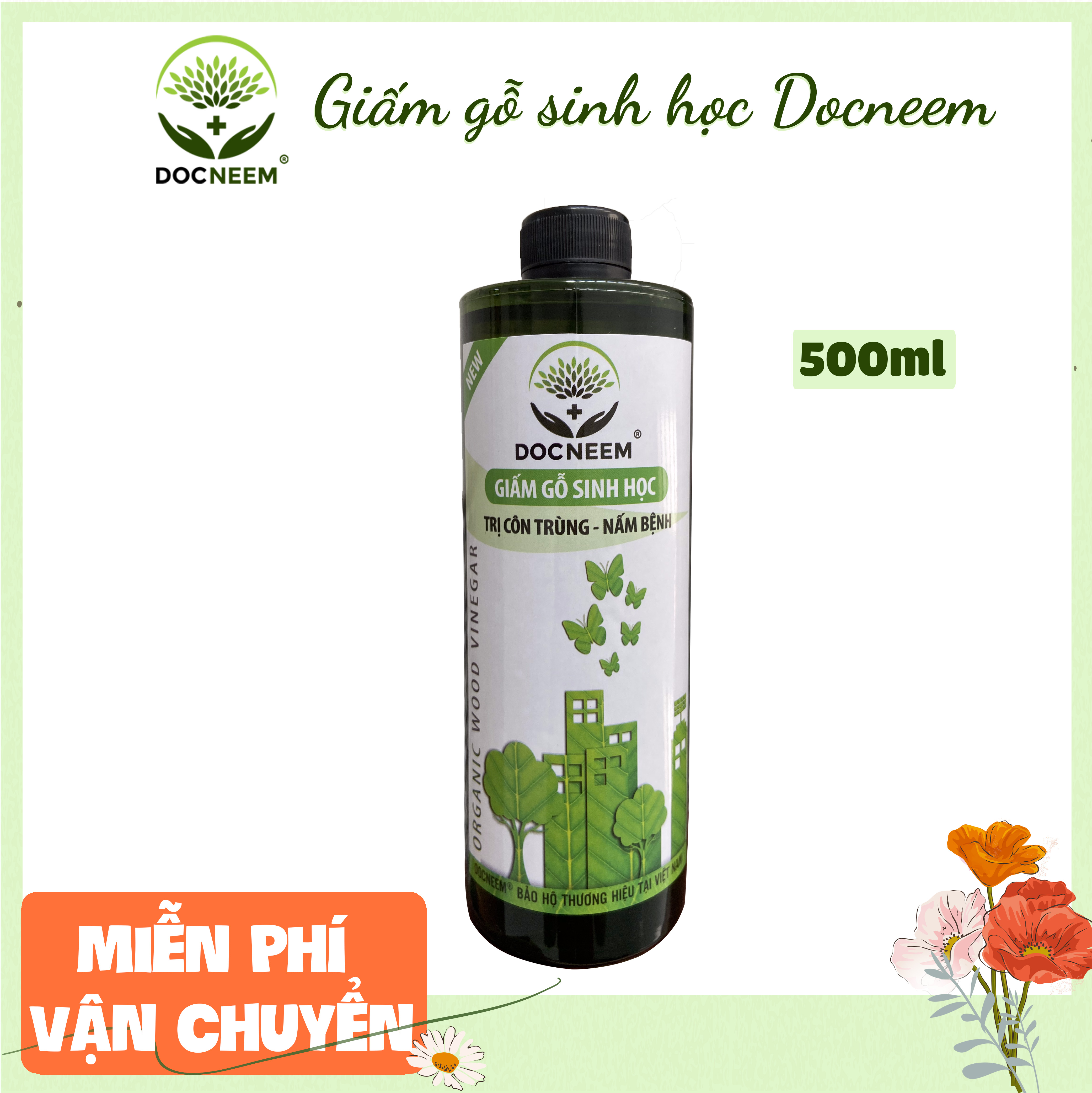 Giấm Gỗ Sinh Học DOCNEEM xua đuổi côn trùng sâu bệnh, trị nấm, bọ trĩ, nhện, rệp, dạng hữu cơ an toàn tuyệt đối, chai dạng phun, dung tích 500ml, chính hãng thương hiệu DOCNEEM