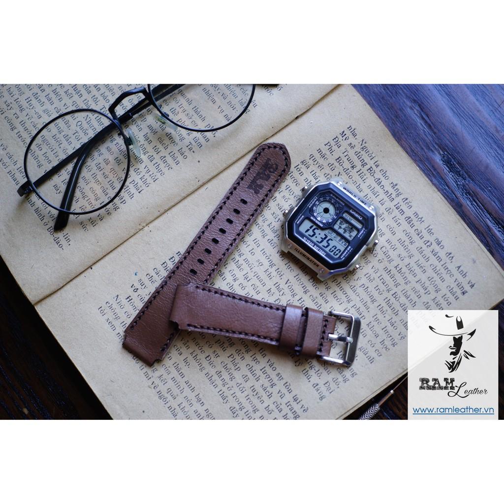 DÂY ĐỒNG HỒ DA BÒ CÀ PHÊ SỮA - DA BÒ THẬT - RAM CÀ PHÊ SỮA - RAM LEATHER -ĐỦ SIZE 18,20,22,CASIO,APPLE WATCH