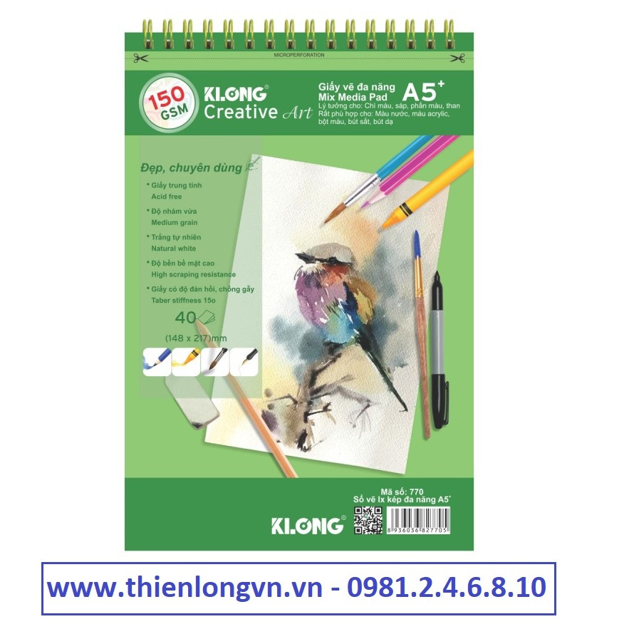 Sổ vẽ lò xo đa năng Creative Art A5 - 150 GSM - 40 tờ; Klong 770 xanh lá