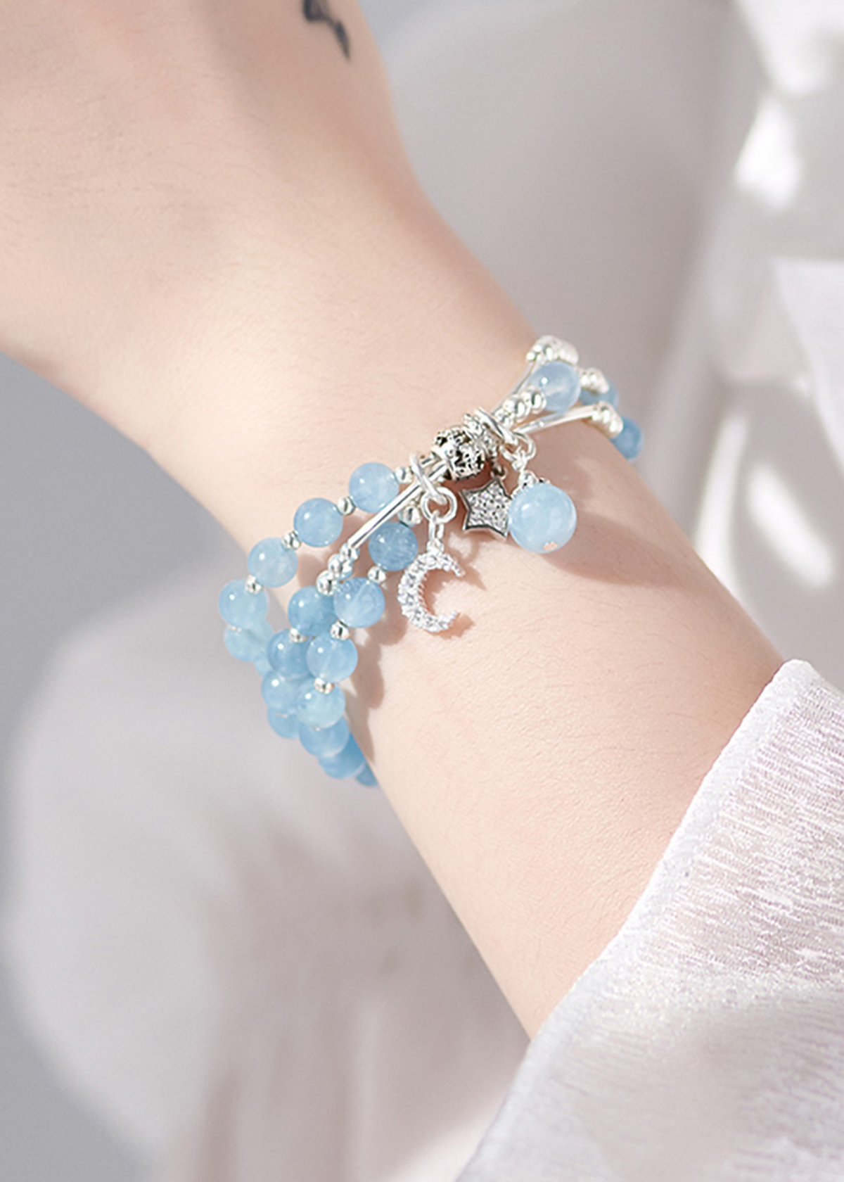 Vòng tay 3 line đá aqumarine charm bạc mệnh thủy, mộc - Ngọc Quý Gemstones