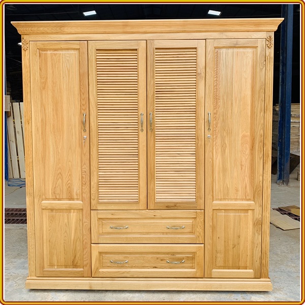 Tủ Quần Áo Gỗ Sồi Mỹ Tự Nhiên Cao Cấp - 4 Cánh + 2 Ngăn Kéo