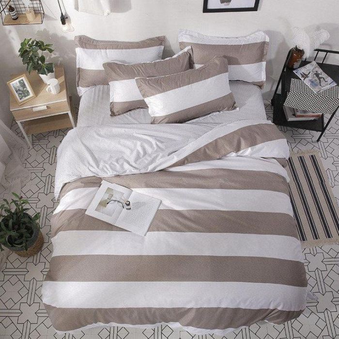 Bộ chăn ga gối Cotton cao cấp 1m6x2m sọc ngang trắng NT101