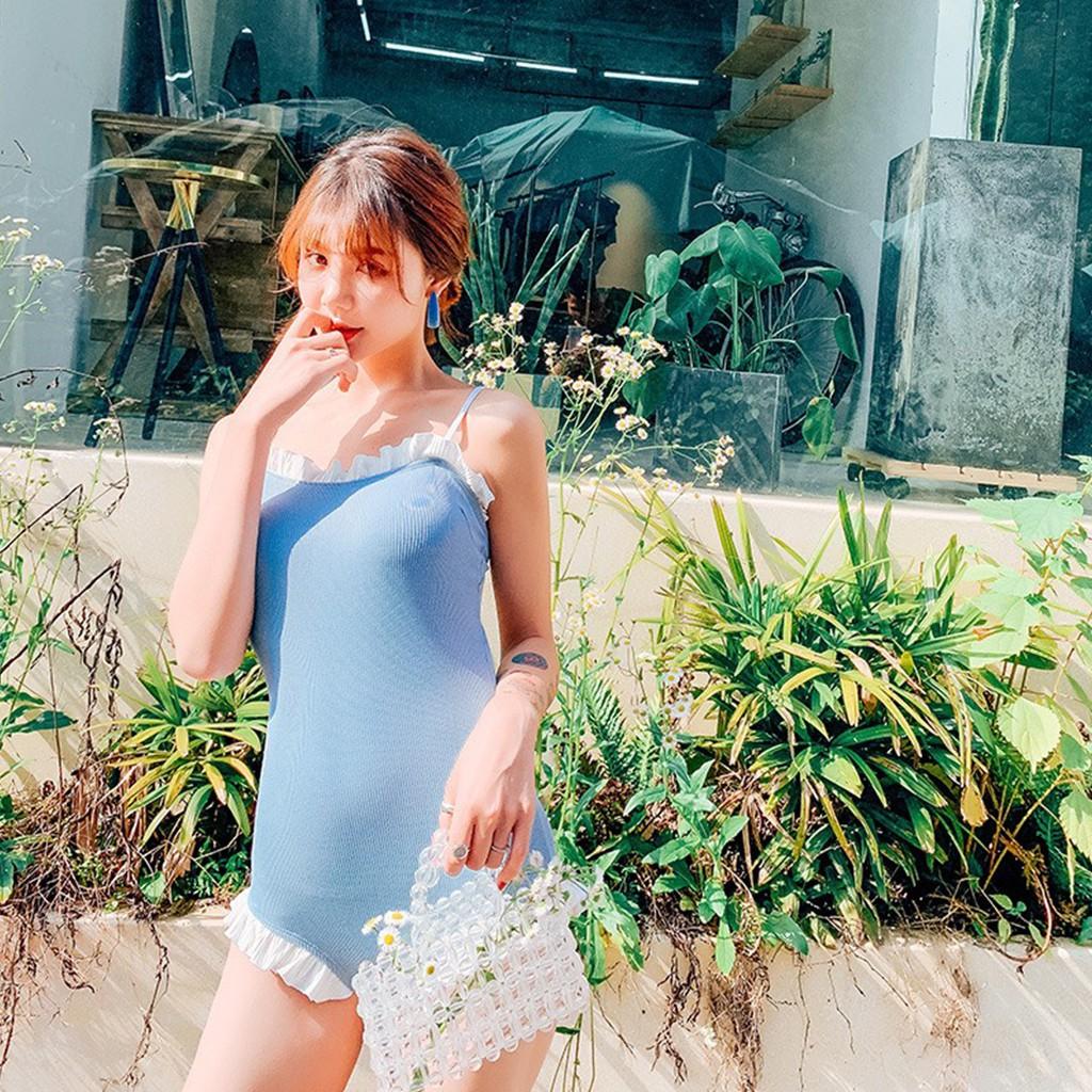 Bikini Đồ Bơi Một Mảnh Phối Viền Bèo Blue Pastel Hàn Quốc Cao Cấp Chất Thun Gân Co Giãn 4 Chiều Che Khuyết Điểm Tôn Dáng