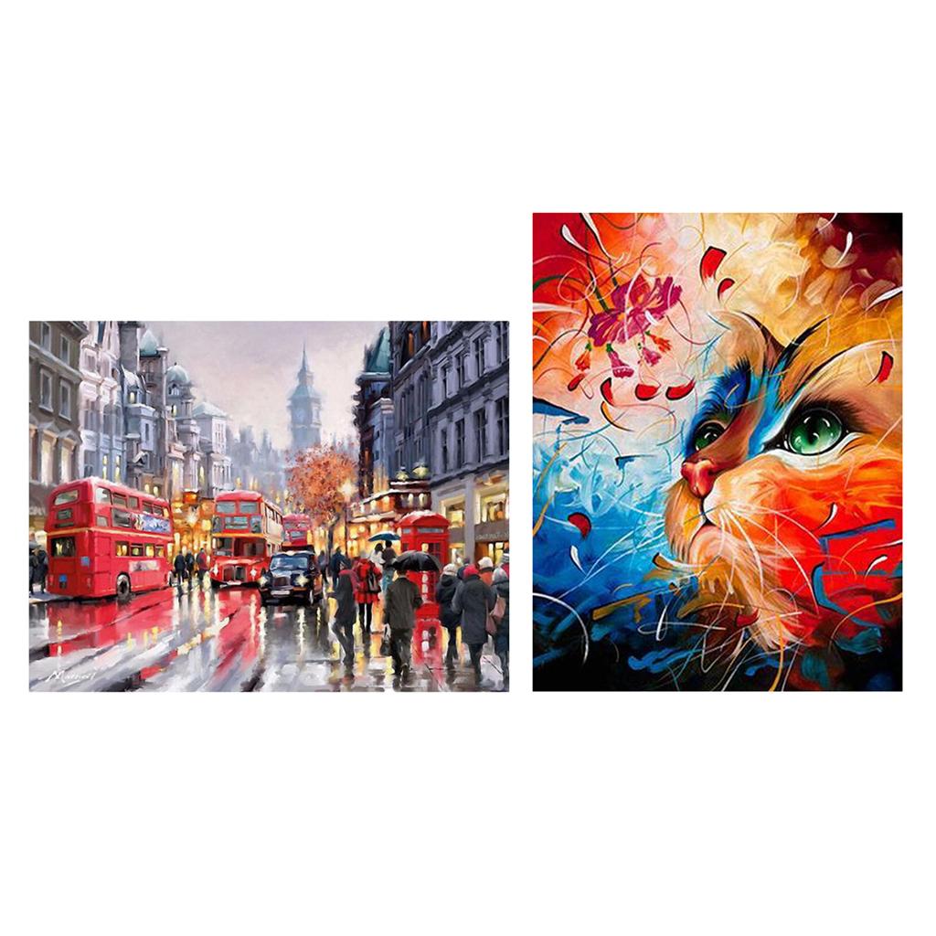 2 Set Oil Painting Paint by Number Kits for Kids Adults - Cats and Landscape