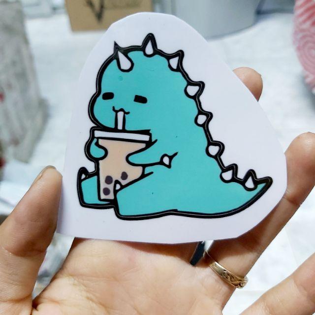 Tem Sticker Decal Khủng Long Uống Trà Sữa Siêu Cute