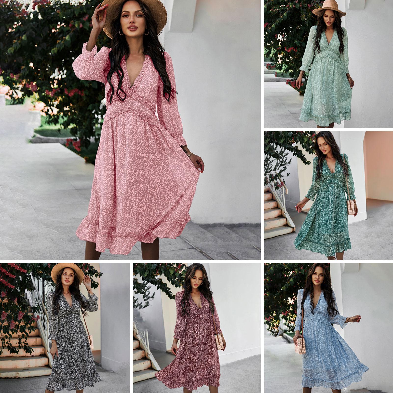 Women Dress Floral V Neck Ruffle High Waist Puff Long Sleeve Chiffon Casual Loose Long Dress