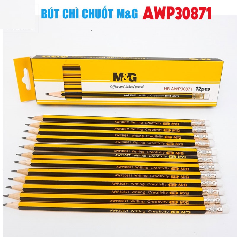 Hộp Bút chì chuốt M&amp;G AWP30871 ngòi HB sọc đen vàng-12 cây