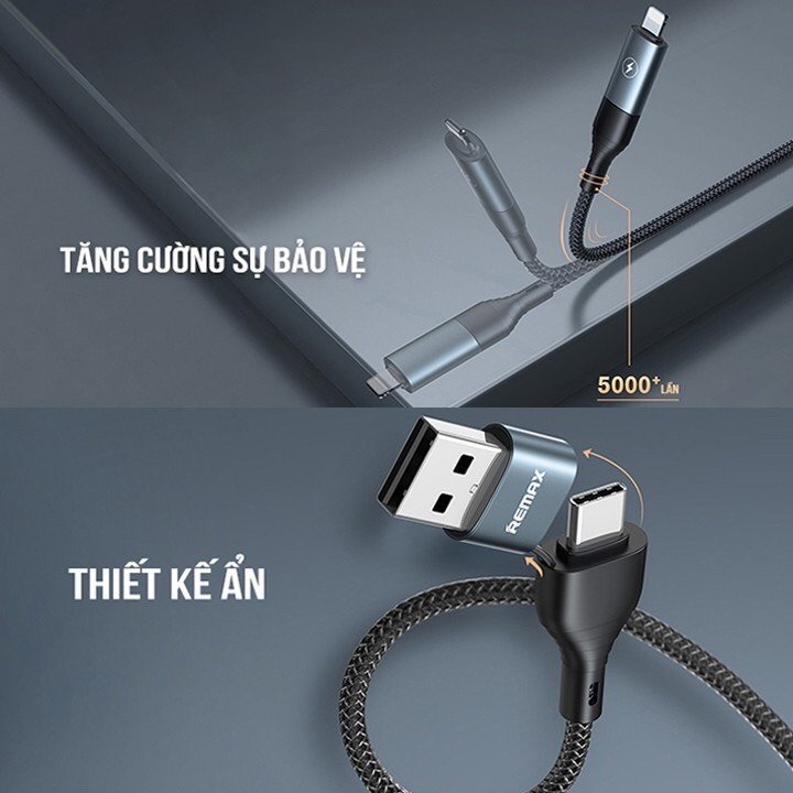 Cáp Sạc Nhanh Đa Năng 4 in 1 Remax RC-011 -  Đầu Sạc Type-C/Lightning/USB-A, Sạc Nhanh 2.4A, Cáp Dây Dù Siêu Bền 1.2m, Dử Dụng Được Cho Nhiều Thiết Bị - Hàng Chính Hãng