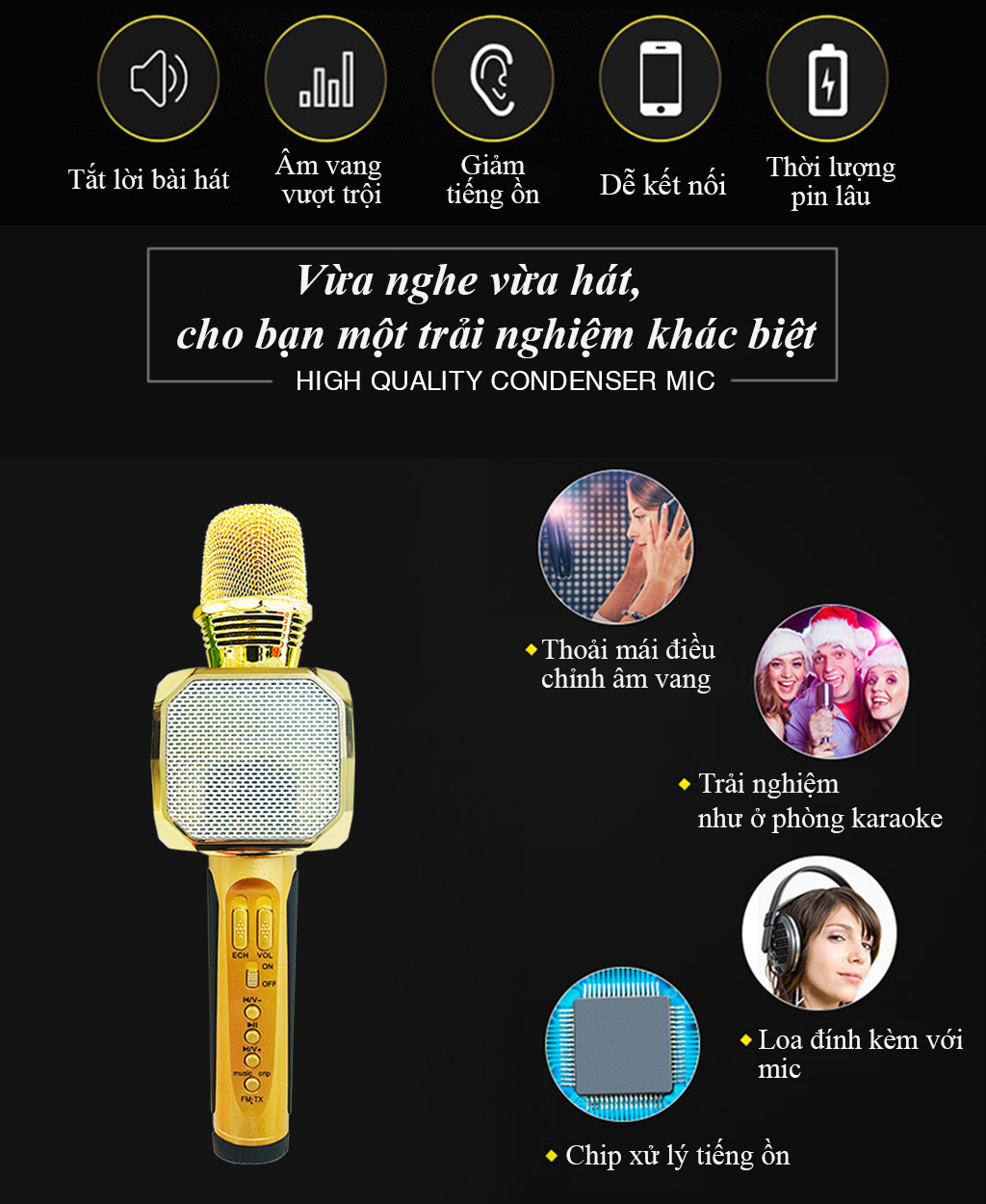 Micro kèm loa Bluetooth Karaoke SD-10, Âm thanh thuẩn , nhiều chế độ điều chỉnh