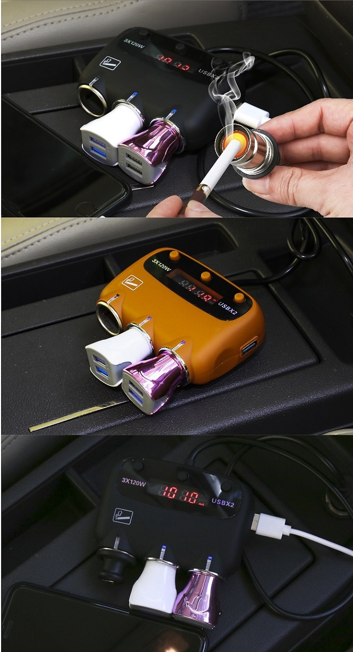 Phụ kiện chia tẩu sạc trên ô tô 3 tẩu cắm, 2 cổng USB tích hợp cầu chì bảo vệ M58 ( Tặng đèn pin bóp tay bảo vệ môi trường ngẫu nhiên )