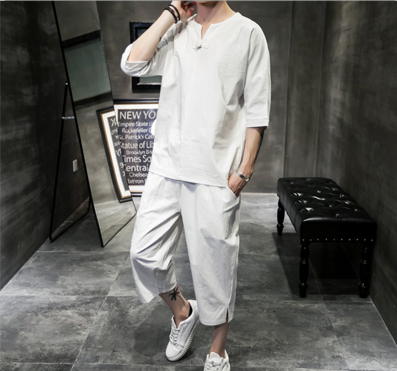 Bộ Set Đũi Lửng Cho Nam Màu Trắng Thêu
