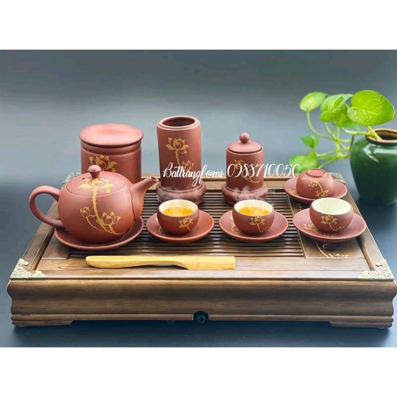 Bộ ấm trà hồng sa vẽ sen vàng