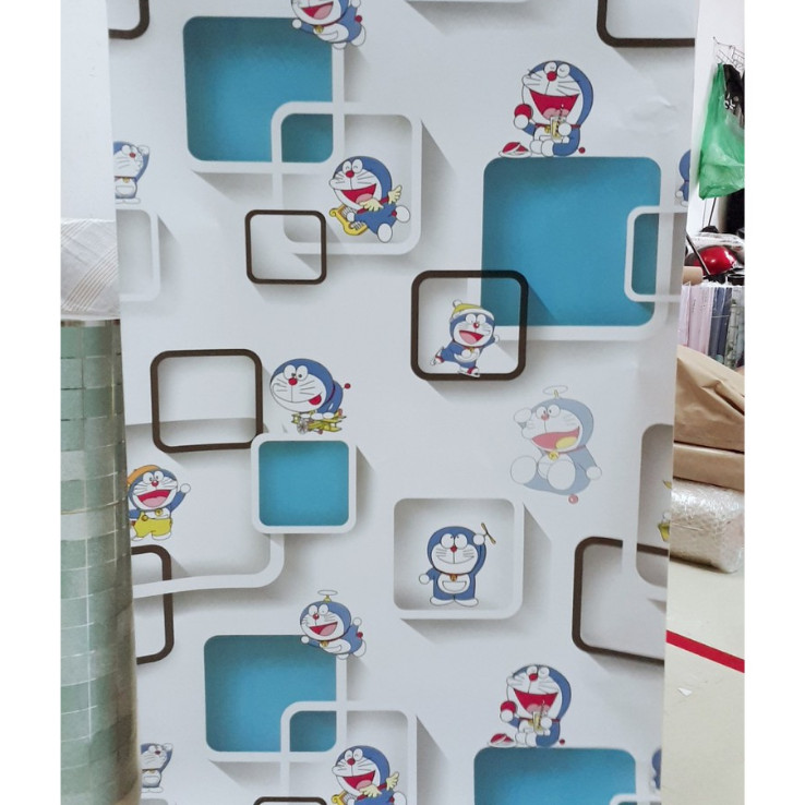 Cuộn 5m Decal Giấy Dán Tường DOREMON Ô VUÔNG