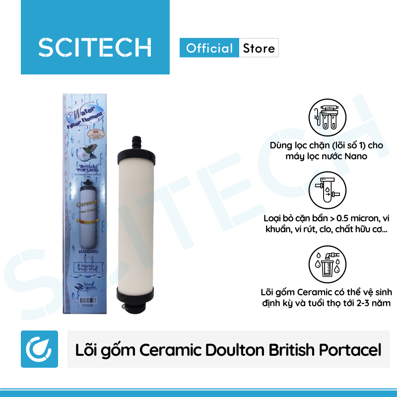 Lõi Gốm Ceramic Doulton British Portacel 7.5 inch by Scitech - Lõi số 1 máy lọc nước Nano Aquastar và máy lọc nước Nano/RO (Dùng thay thế lõi PP) - Hàng chính hãng