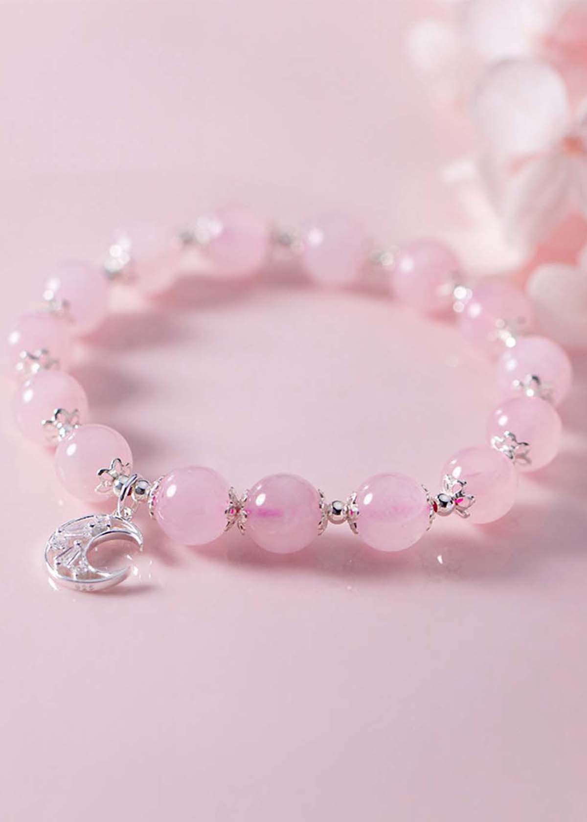 Vòng tay đá thạch anh hồng charm mặt trăng mệnh hỏa, thổ - Ngọc Quý Gemstones