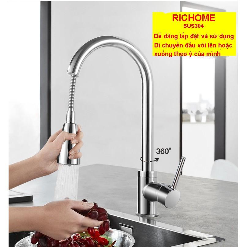 Vòi rửa chén bát nóng lạnh dây kéo rút cắm chậu chất liệu inox 304 nguyên khối .Tặng kèm 2 dây cấp nước nóng