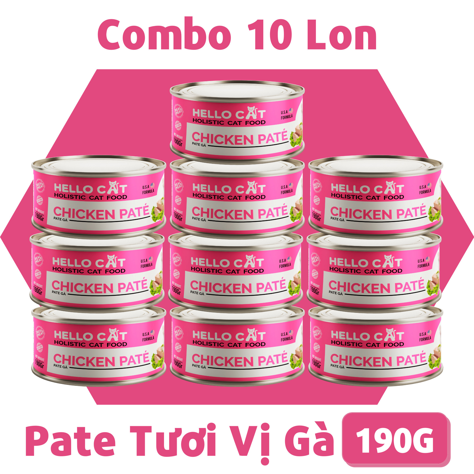 Pate Cho Mèo Mọi Độ Tuổi Hương Vị Gà - Hello Cat Chicken Pate 190G (Combo 10 Lon)