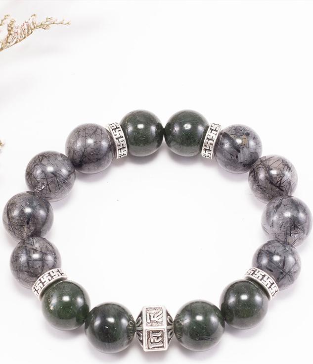 Vòng tay đá thạch anh tóc xanh phối thạch anh tóc đen charm lục tự  Ngọc Quý Gemstones